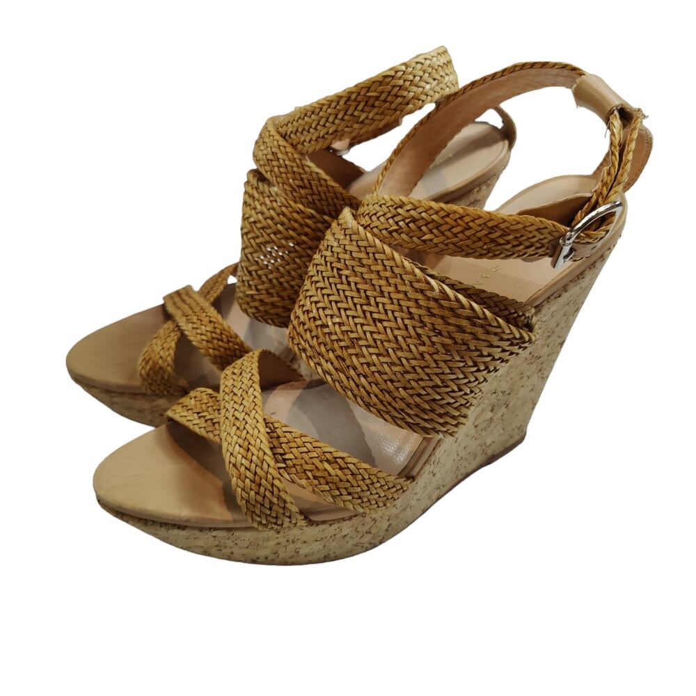 Loeffler Randall Women's Sz 9.5 Lake Strappy Woven Cork High Wedge Sandal Tan